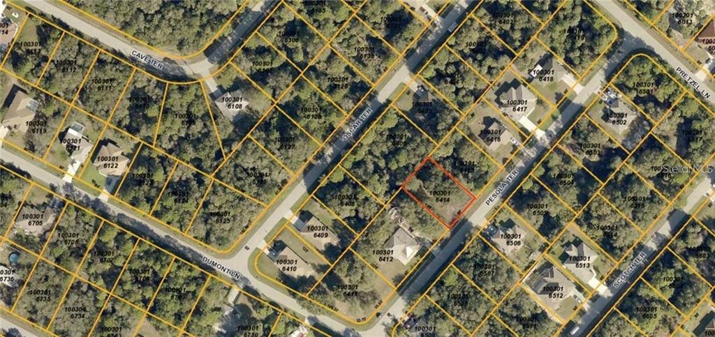 This is an aerial map showing a vacant residential lot outlined in red — PESOLA TERRACE, NORTH PORT, FL