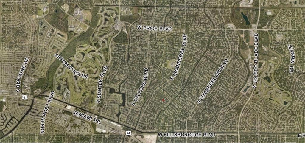 This is an aerial map showing residential streets and major roads in North Port, Florida — PESOLA TERRACE, NORTH PORT, FL