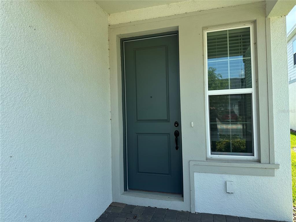 A dark gray front door sits next to a single window on a stucco porch — 10355 PARKVIEW RESERVE LANE, ORLANDO, FL