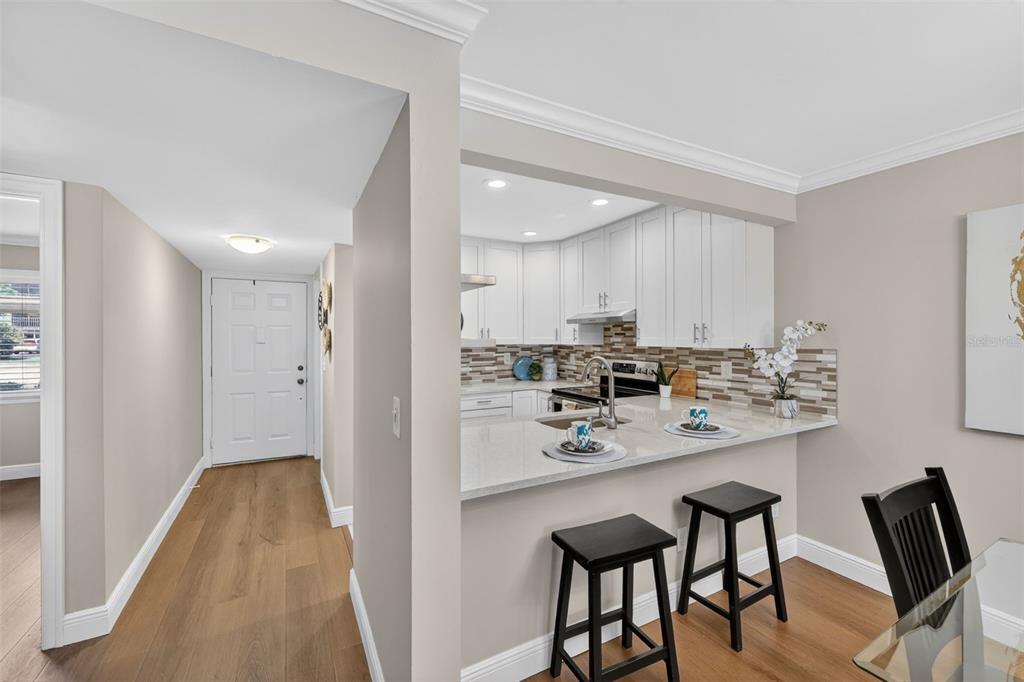 A kitchen with white cabinets and a breakfast bar overlooks a hallway and entryway — 731 83RD AVENUE N UNIT 105, ST PETERSBURG, FL