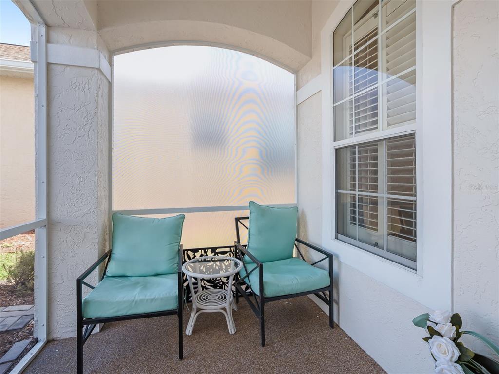 A covered patio features two teal chairs, a small table, and a frosted privacy screen — 11900 SE 178TH STREET, SUMMERFIELD, FL