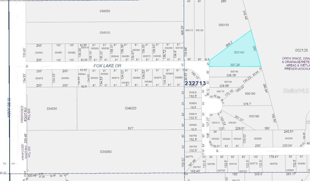 This image is a land survey map showing property parcel boundaries and dimensions — 0 FOX LAKE DRIVE, LAKELAND, FL