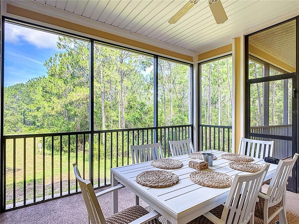 A screened-in porch features a white dining set overlooking a wooded area — 9055 TREASURE TROVE LANE UNIT 207, KISSIMMEE, FL