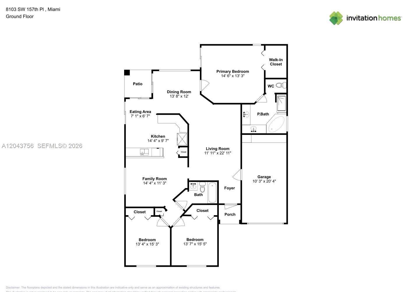 This is a floor plan for a single-story home with three bedrooms and a garage — MIAMI, FL