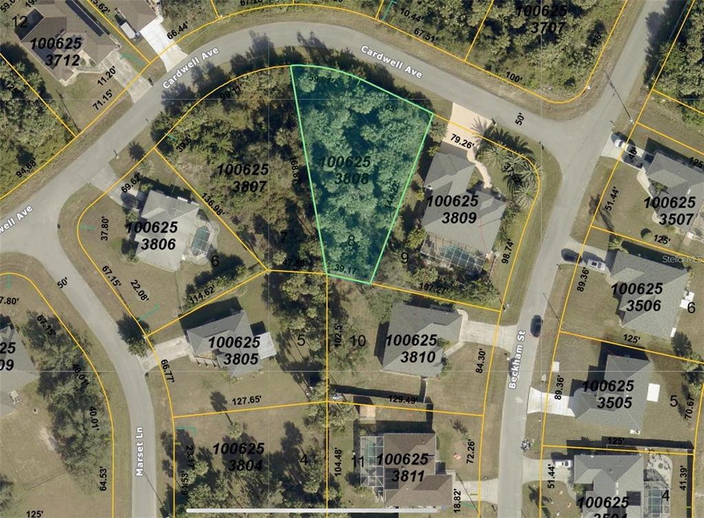 This is an aerial map showing property lot lines and parcel numbers for a residential neighborhood — CARDWELL AVENUE, NORTH PORT, FL