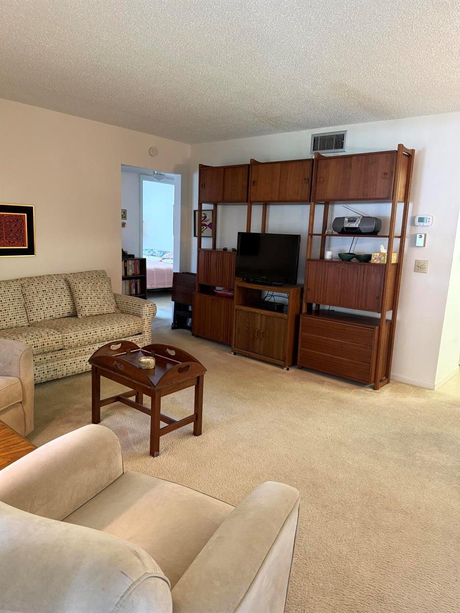 A living room features a patterned sofa, a wooden wall unit, and beige carpeting — 422 Pine Glen Lane # 1, FL 33463, FL