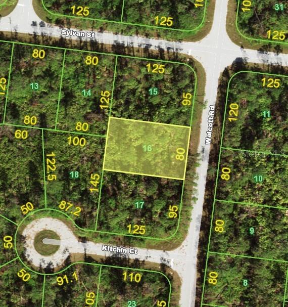 This is a map showing a highlighted rectangular land parcel labeled 16 — 7397 WALCOTT ROAD, PORT CHARLOTTE, FL