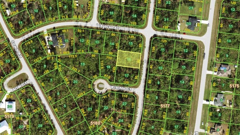 This is a satellite map showing property lot lines and street names in a residential neighborhood — 7397 WALCOTT ROAD, PORT CHARLOTTE, FL