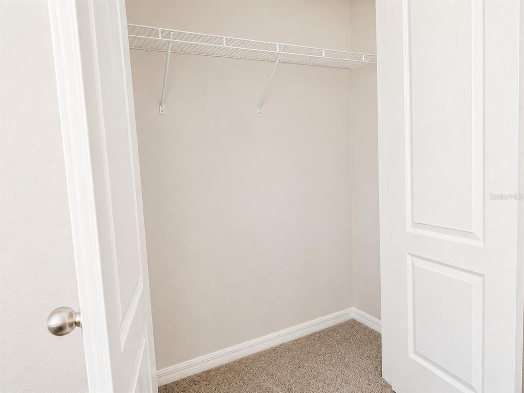 A small closet with beige walls, carpeted flooring, and a white wire shelf — 3419 ISLEWOOD COURT, OCOEE, FL