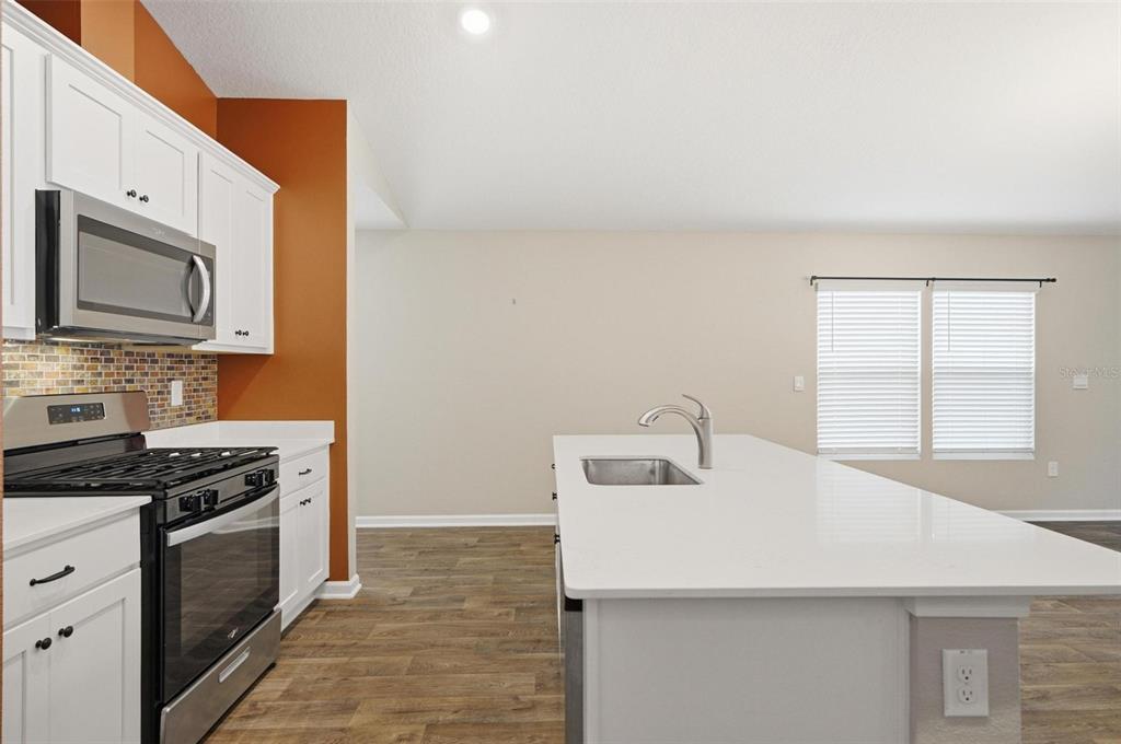 A kitchen features white cabinets, stainless steel appliances, a quartz island, and wood-look flooring — 5 CADDY COURT, BUNNELL, FL