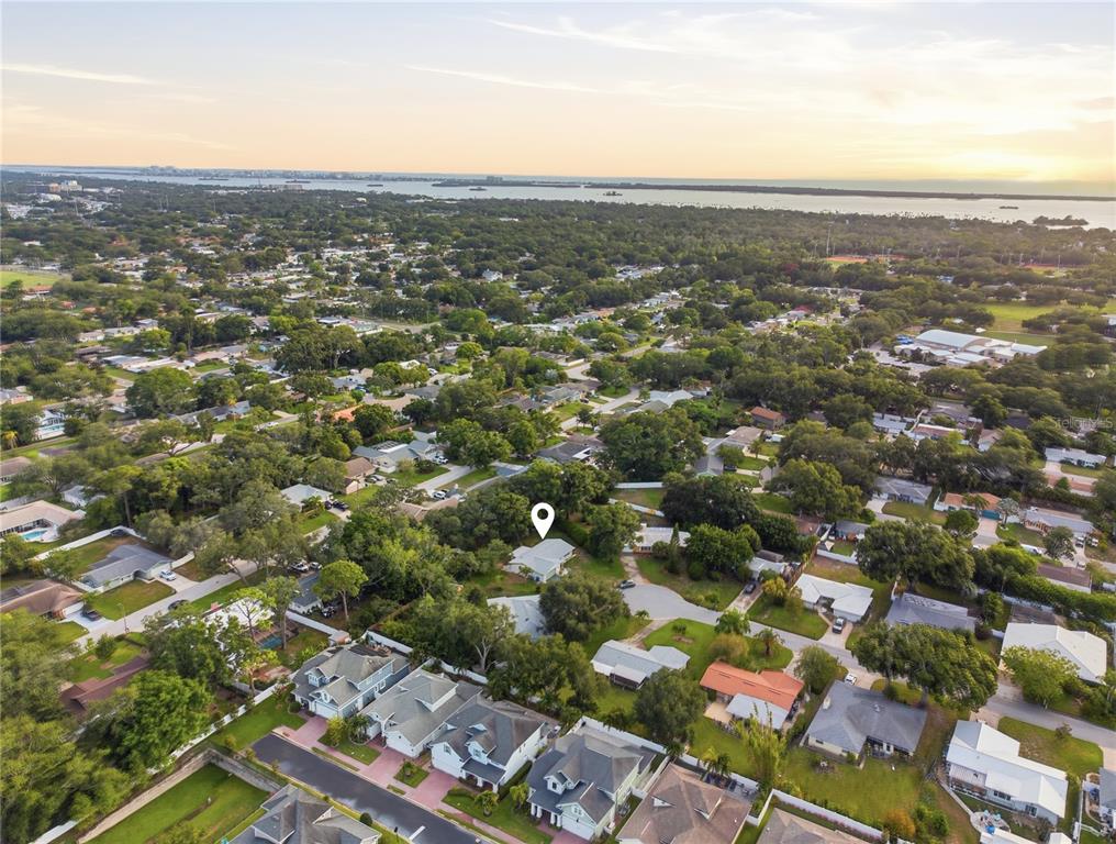 An aerial view shows a residential neighborhood with a marked house surrounded by trees — 1920 CANADIANA COURT, DUNEDIN, FL