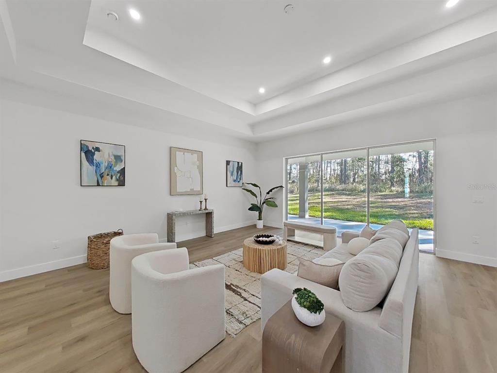 A living room features a tray ceiling, light wood flooring, and large sliding glass doors — 4507 MAJESTIC HILL LOOP, BROOKSVILLE, FL