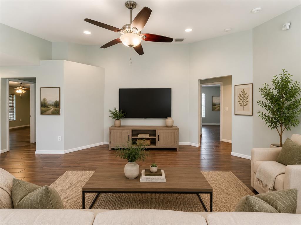 A living room features a wall-mounted television, a wooden media console, and a ceiling fan — 7115 FOREST MERE DRIVE, RIVERVIEW, FL