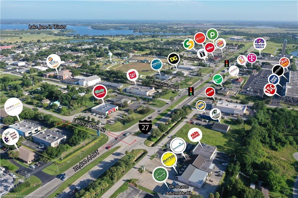 This is an aerial map showing commercial businesses and landmarks along a highway — 346 E ROYAL PALM STREET, LAKE PLACID, FL
