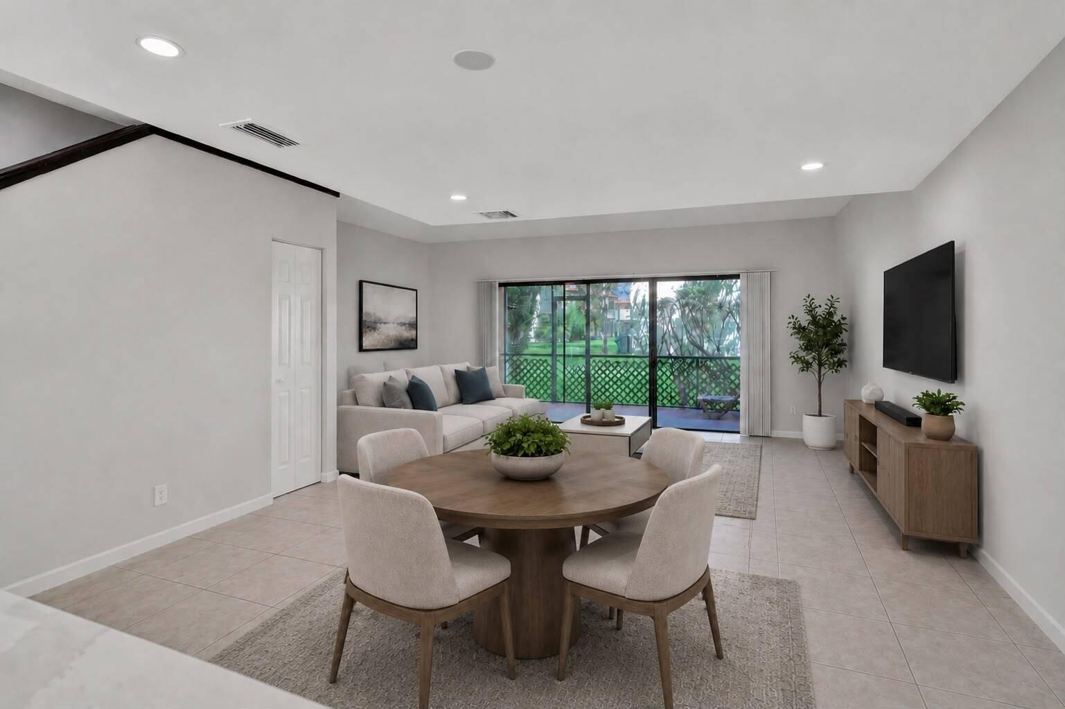 A dining area with a round table and chairs opens into a living room with sliding doors — 4732 NW 90th Avenue # 4732, Sunrise FL 33351, SUNRISE, FL