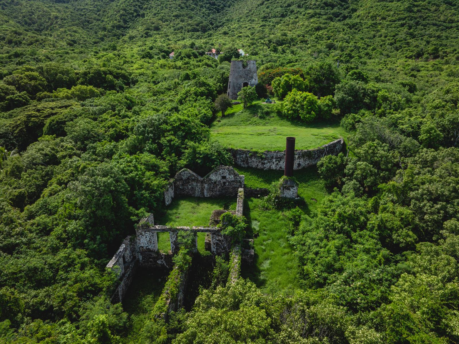 An aerial view shows stone ruins of a historic sugar mill surrounded by dense forest — 104 N Cane Bay Estate N, FL