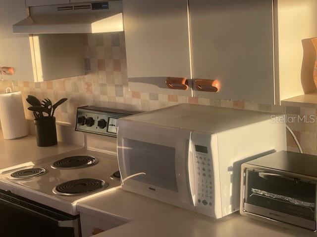 A kitchen counter features a white electric stove, a microwave, and a small toaster oven — 901 OCEAN MARINA DRIVE UNIT 901, FLAGLER BEACH, FL