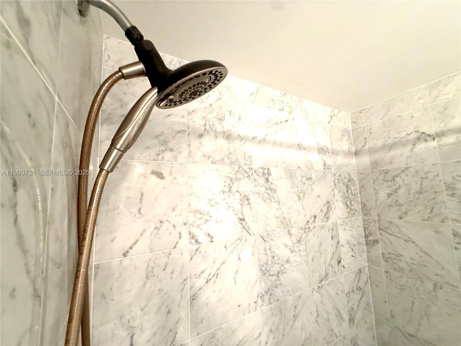A handheld shower head is mounted against a wall tiled with white marble — 253 NE 2nd St # 219, Miami FL 33132, MIAMI, FL