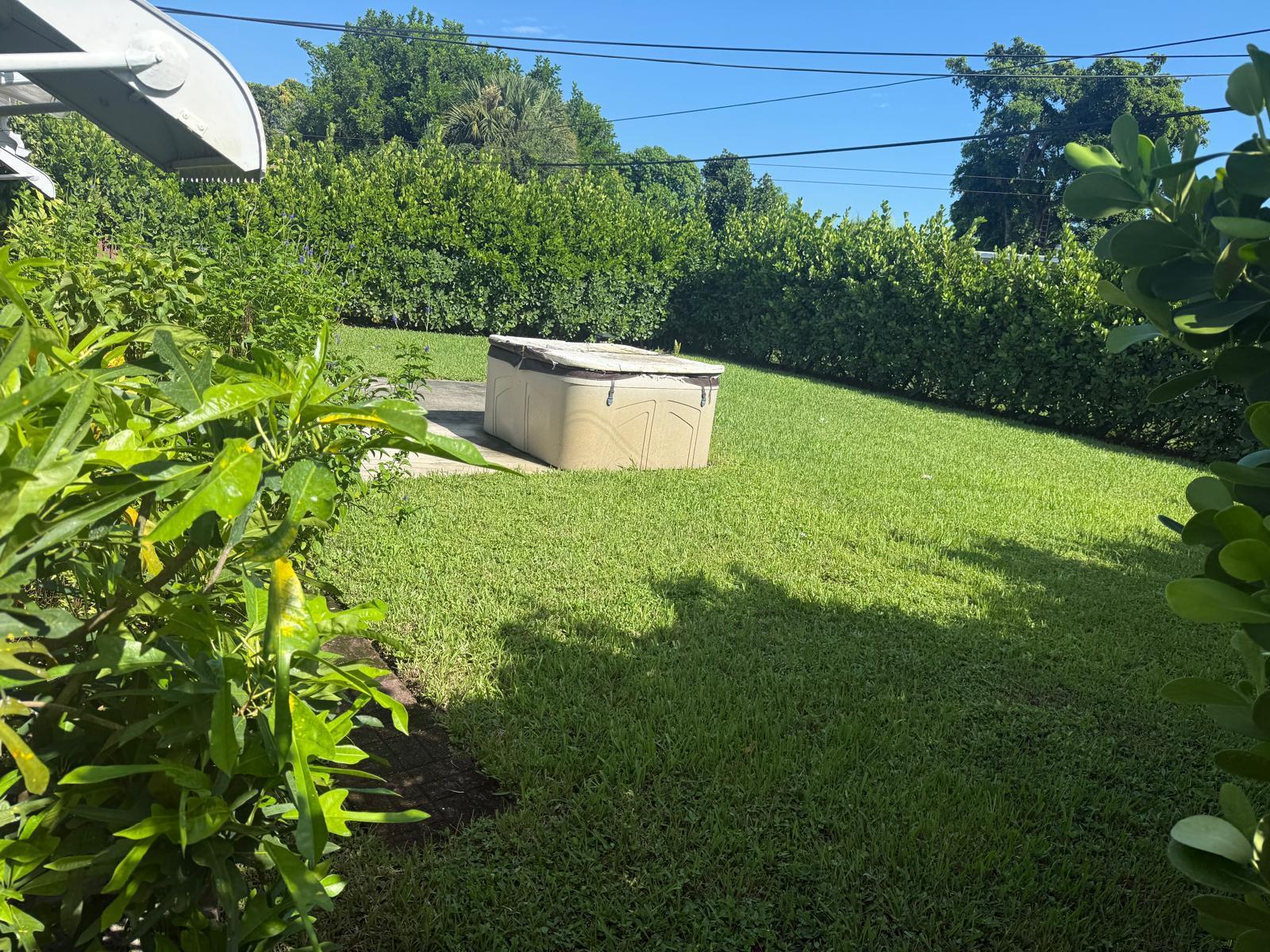 A backyard features a green lawn, a hot tub, and a tall privacy hedge — 3533 Florida Boulevard, Palm Beach Gardens FL 33410, PALM BEACH GARDENS, FL