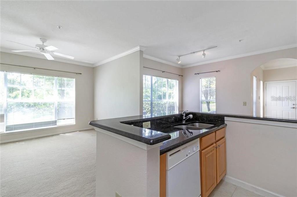 A kitchen with dark countertops and light wood cabinets overlooks a carpeted living area — 11702 HERITAGE ESTATES AVE UNIT 318, ORLANDO, FL