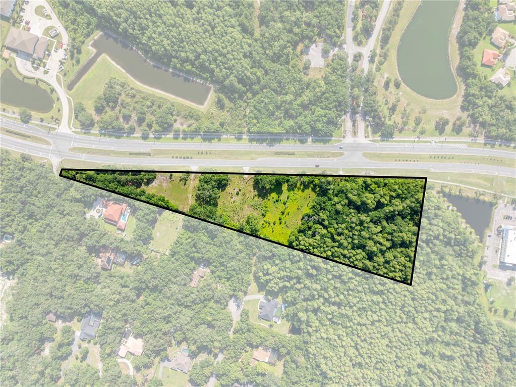 An aerial view shows a triangular plot of land bordered by a road and trees — PLEASANT HILL RD ROAD, KISSIMMEE, FL
