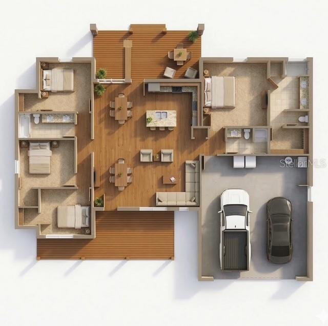 This 3D floor plan rendering shows a four-bedroom house with an open-concept living area — 3041 AZALEA DRIVE, INDIAN LAKE ESTATES, FL