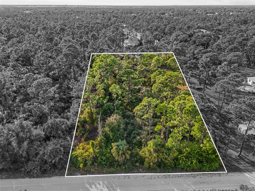 An aerial view shows a rectangular, wooded vacant lot bordered by a road — 7123 SWEDEN BOULEVARD, PUNTA GORDA, FL