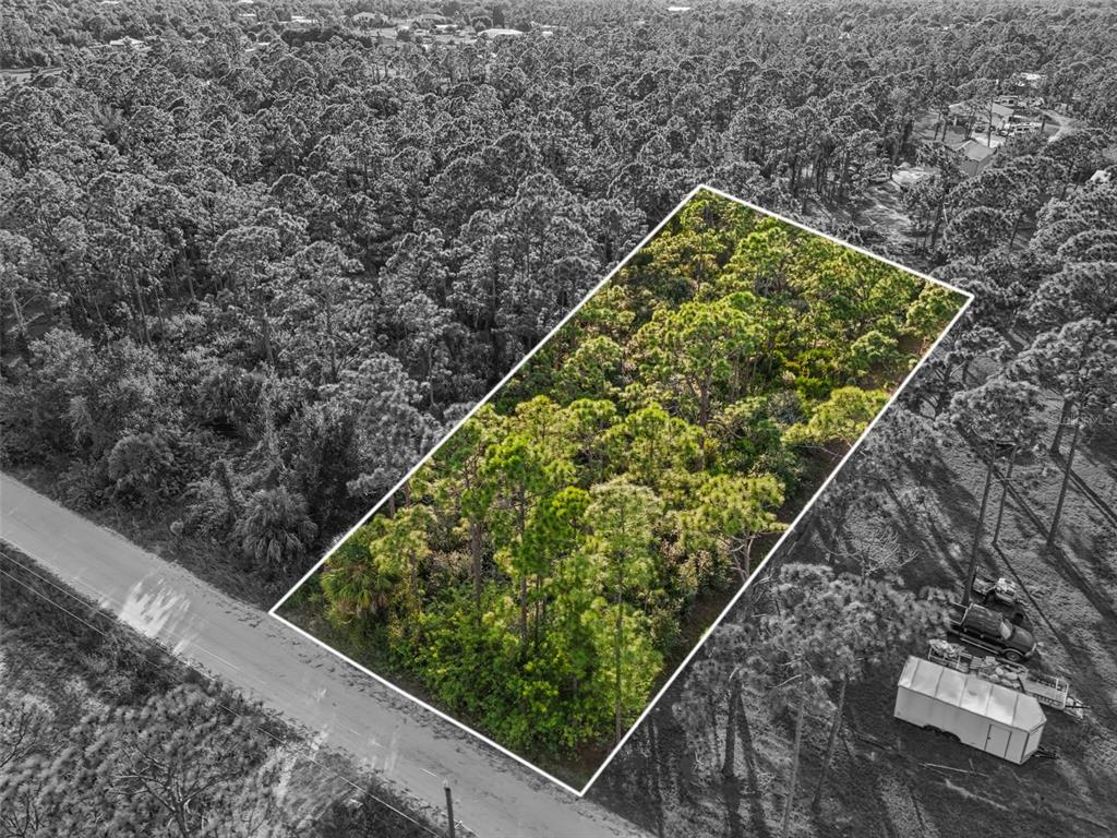 An aerial view shows a rectangular, wooded vacant lot outlined in white next to a road — 7123 SWEDEN BOULEVARD, PUNTA GORDA, FL