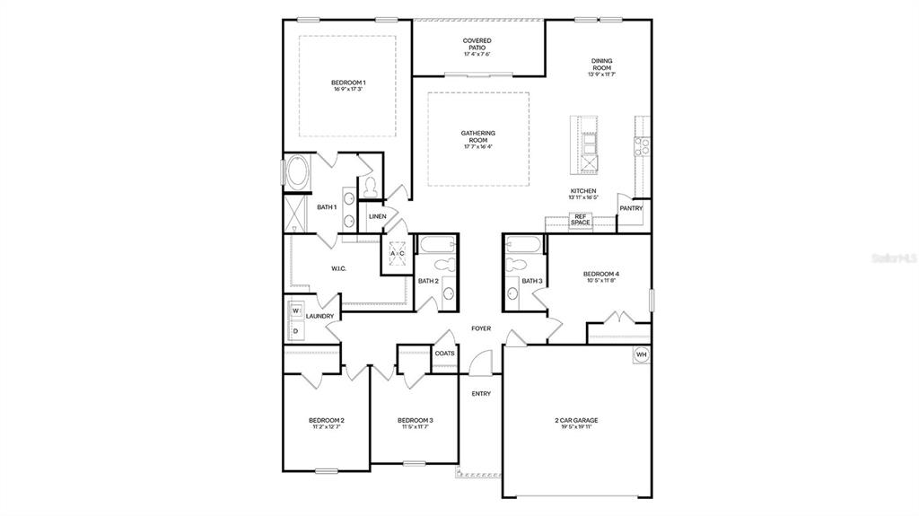 This is a floor plan for a single-story house with four bedrooms and a garage — 144 SPRINGWOOD DRIVE, PALM COAST, FL