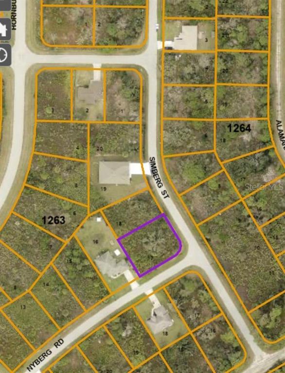 This is a map showing a vacant residential lot highlighted in purple on a street — Lot 17 SIMBERG STREET UNIT Blk 1263, NORTH PORT, FL