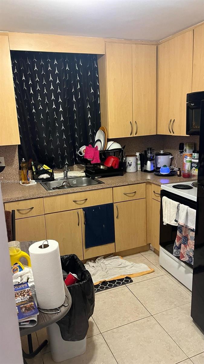 A kitchen features light wood cabinets, a stainless steel sink, and a black Eiffel Tower curtain — 19080 NE 3rd Ct # 307, Miami FL 33179, MIAMI, FL