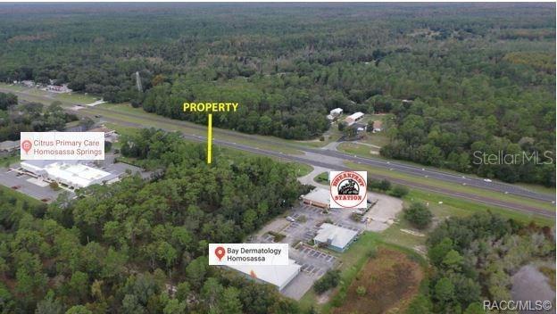 An aerial view shows a wooded lot located between a medical office and a restaurant — 7929 S SUNCOAST BOULEVARD, HOMOSASSA, FL