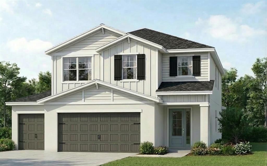 A digital rendering of a two-story suburban house with a gray garage and white siding — 324 CYPRESS STREET, ORLANDO, FL