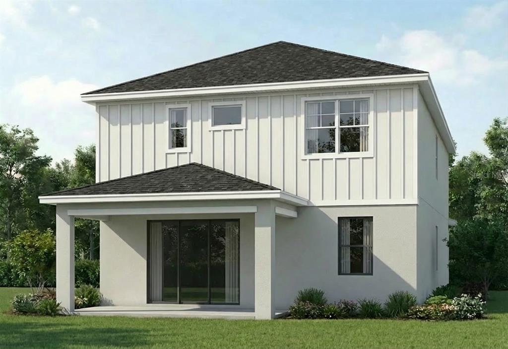 A digital rendering of the rear exterior of a two-story house with white vertical siding — 324 CYPRESS STREET, ORLANDO, FL