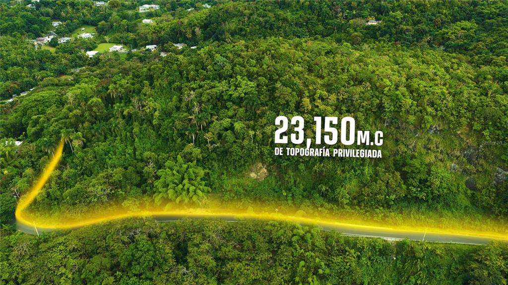 An aerial view shows a lush, forested hillside lot with a road running along the bottom — PR181 km 53.3 SECTOR LA SILLA  CARR 941, GURABO, PR