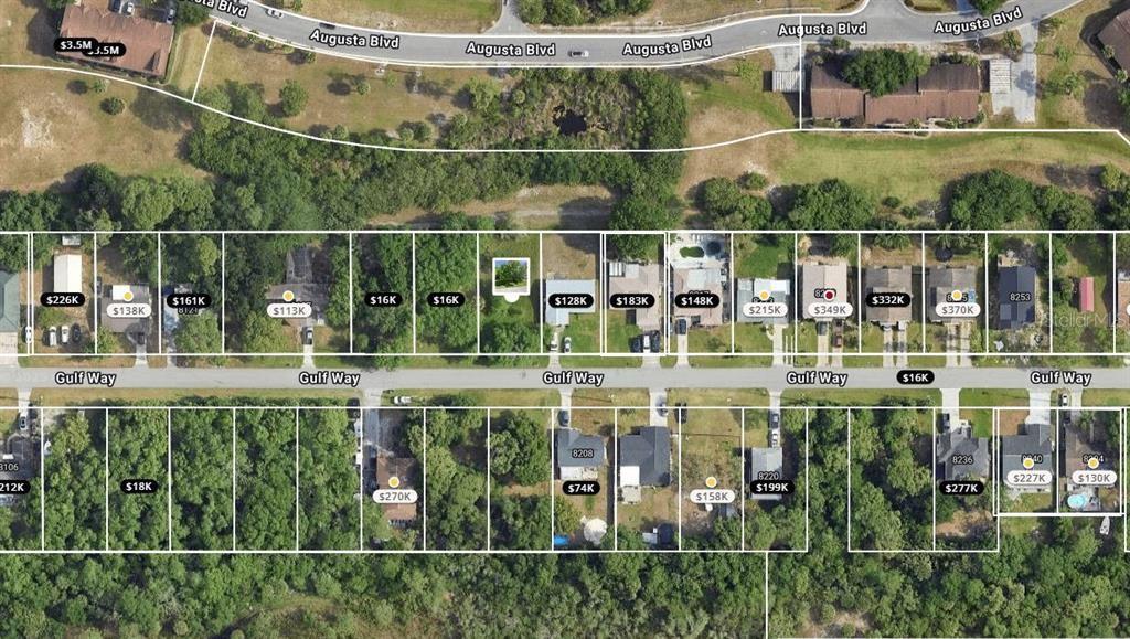 This aerial map shows residential properties along Augusta Boulevard and Gulf Way — 8165 GULF WAY, HUDSON, FL