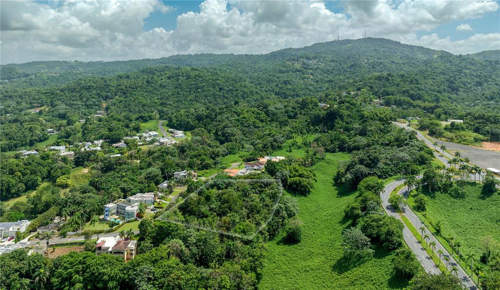 An aerial view shows a vacant, tree-covered lot surrounded by residential homes and a road — Lot-C42/43 VALLE ESCONDIDO, GUAYNABO, PR