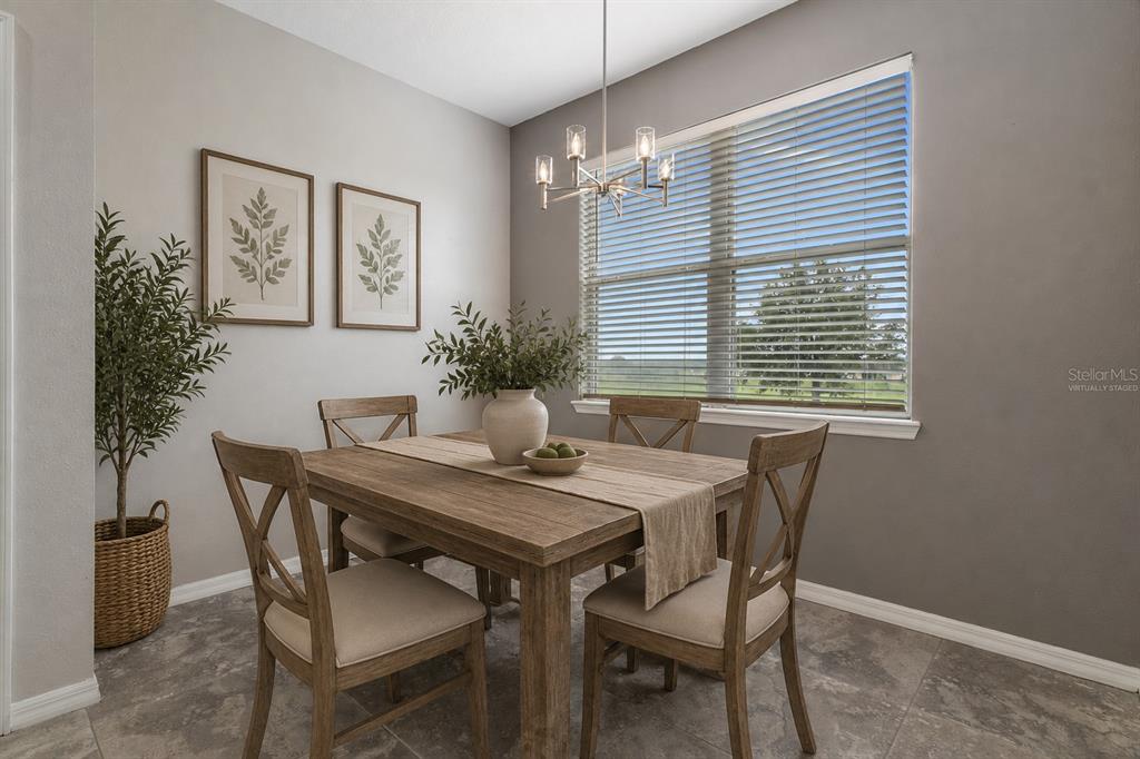 A dining room features a wooden table, four chairs, a chandelier, and a large window — 30798 WATER LILY DRIVE, BROOKSVILLE, FL