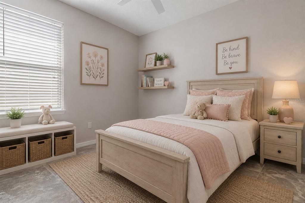 A bedroom features a light wood bed, a storage bench with baskets, and wall shelves — 30798 WATER LILY DRIVE, BROOKSVILLE, FL