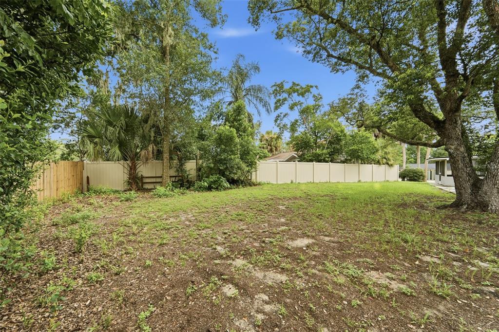 A large, grassy backyard features mature trees and a tan vinyl privacy fence — 259 COLOMBA ROAD, DEBARY, FL