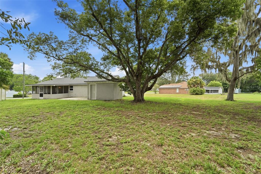 A large tree stands in the grassy backyard of a house with a screened porch — 259 COLOMBA ROAD, DEBARY, FL