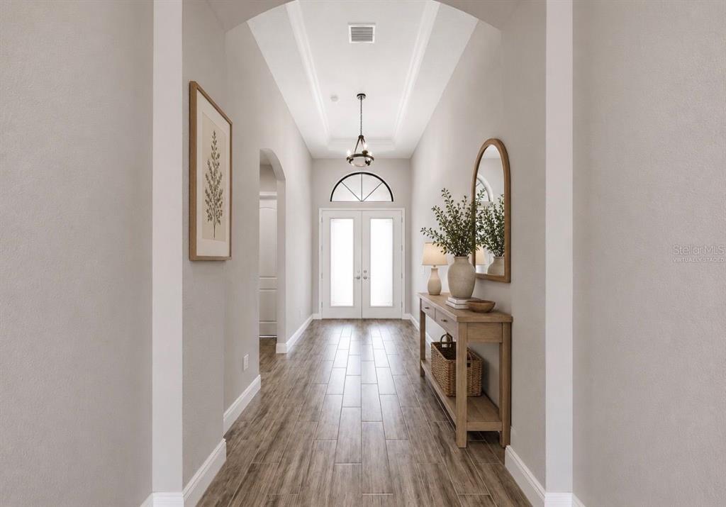 A bright entryway features a tray ceiling, wood-look tile flooring, and a console table — 13712 OSPREY FERN LANE, RIVERVIEW, FL