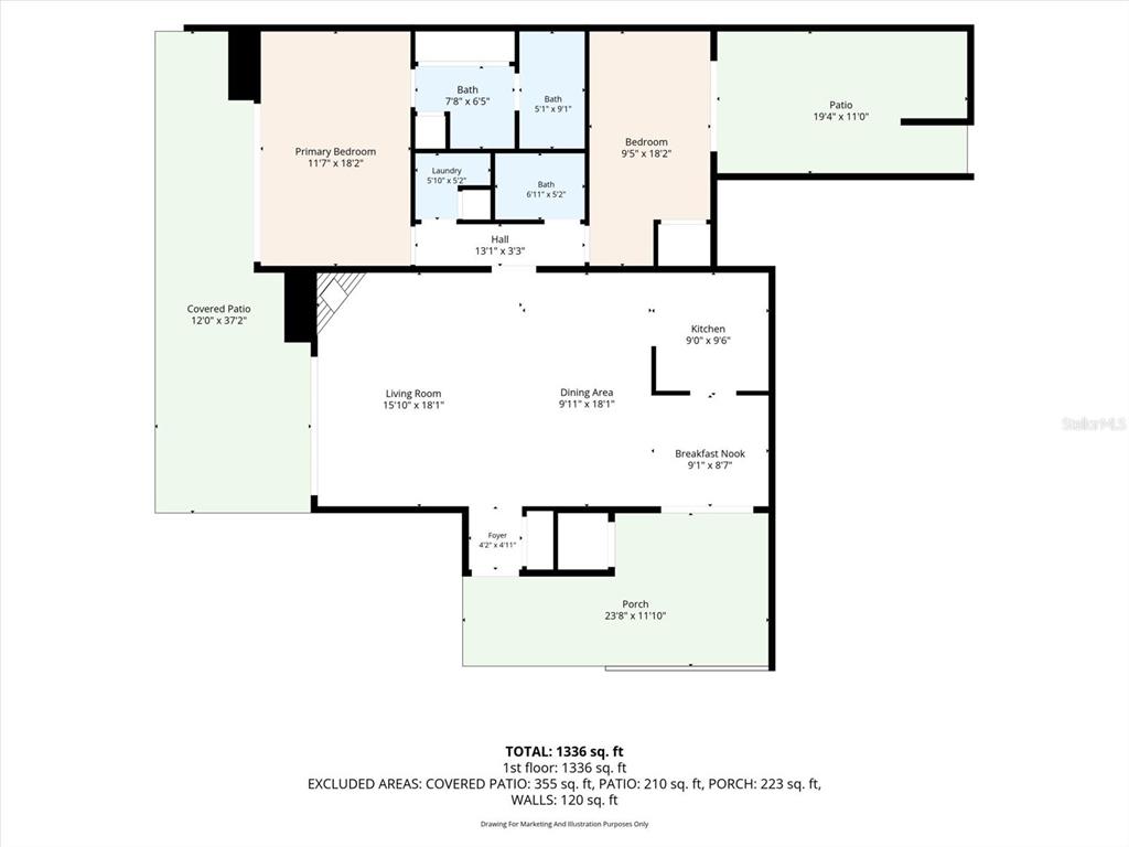 This is a floor plan for a single-story home with two bedrooms and two bathrooms — 7530 SUNSHINE SKYWAY LANE S UNIT P7, ST PETERSBURG, FL