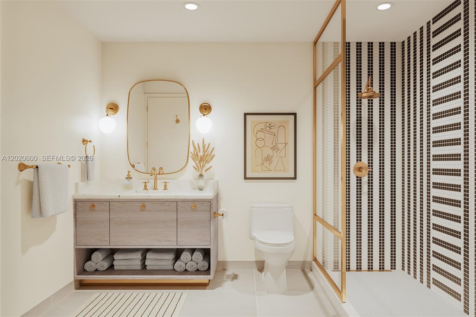 This rendering shows a modern bathroom with a vanity, toilet, and glass-enclosed shower — 2700 NW 2nd Ave # 312, Miami FL 33127, MIAMI, FL