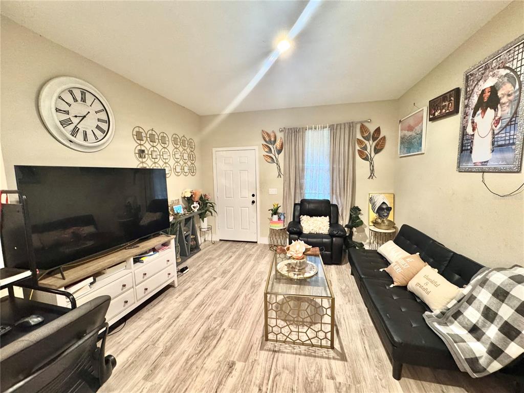 A living room features a television, a black sofa, a recliner, and light wood flooring — 113 E CLEVELAND STREET, APOPKA, FL