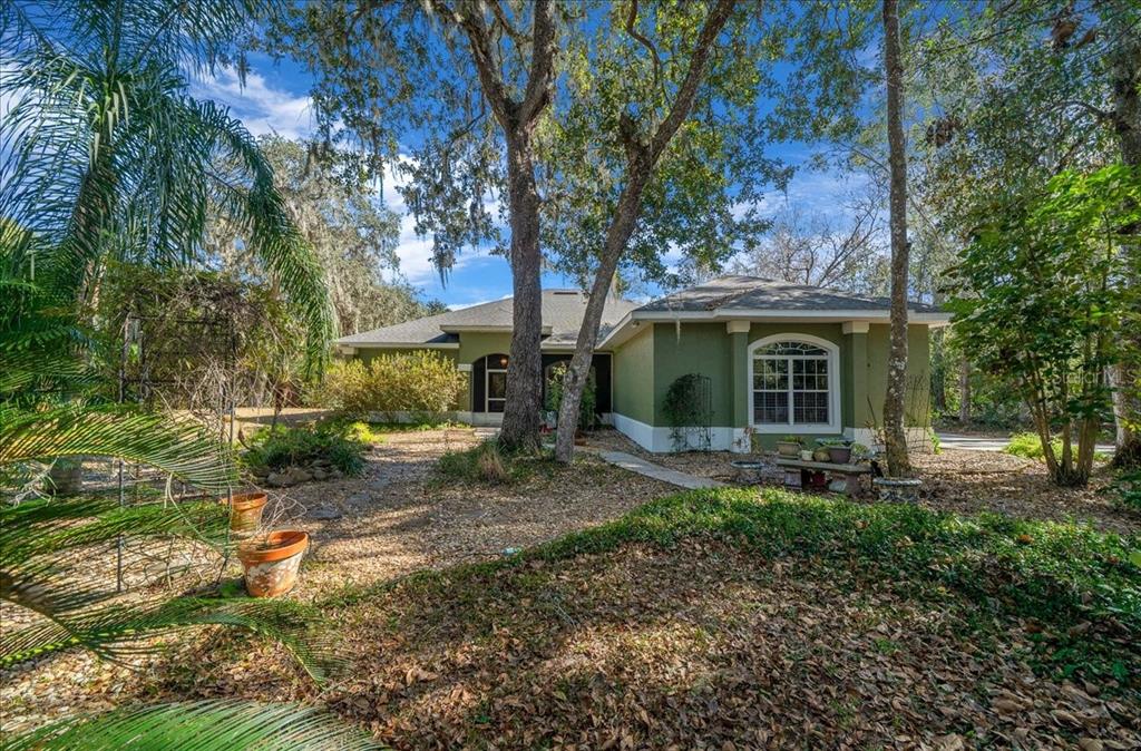 A green house with a white trim sits in a wooded yard with gravel landscaping — 16731 SE 181ST TERRACE, WEIRSDALE, FL