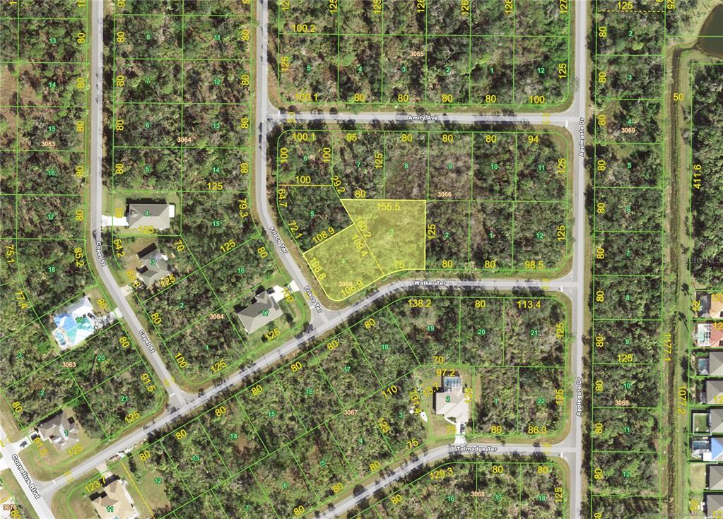 This is a satellite map showing residential land parcels and street layouts — 15090 WALKER & FRISCO (LOTS 3+4) TERRACE, PORT CHARLOTTE, FL