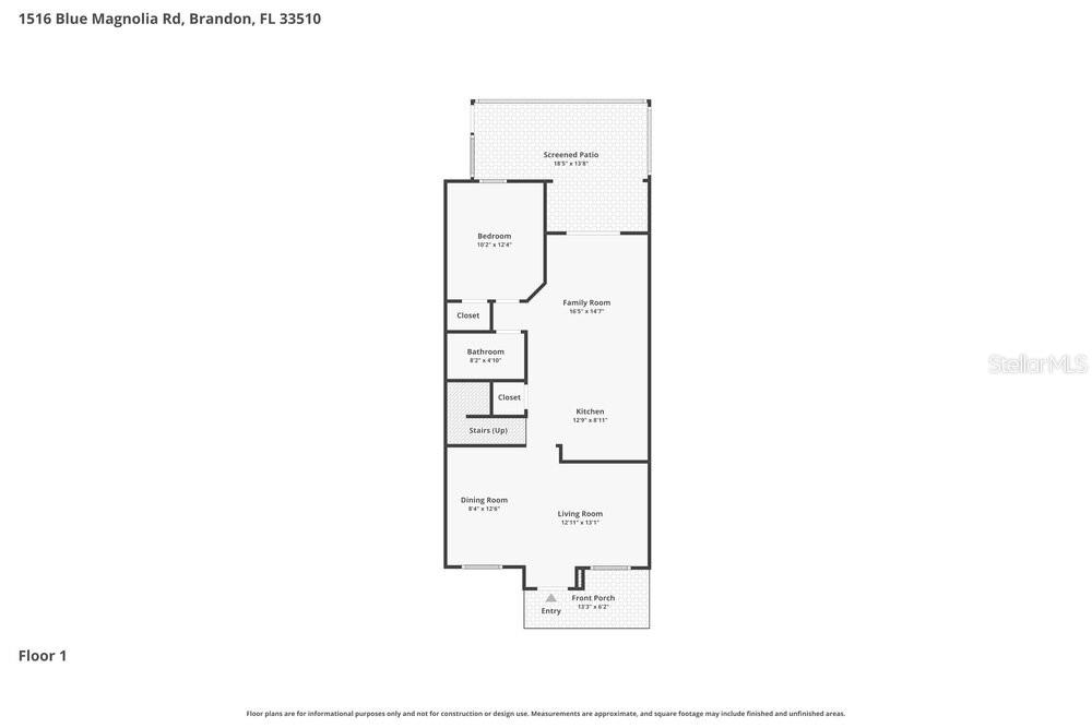 This is a floor plan for the first level of a residential home — 1516 BLUE MAGNOLIA ROAD, BRANDON, FL