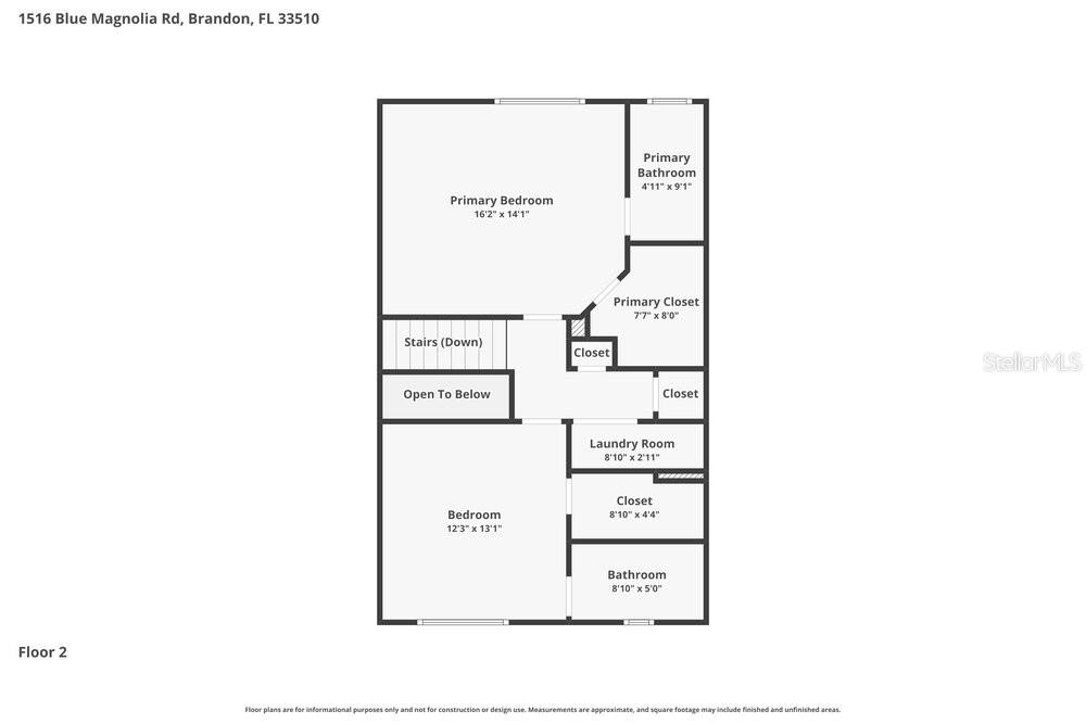This is a floor plan for the second level of a residential home — 1516 BLUE MAGNOLIA ROAD, BRANDON, FL