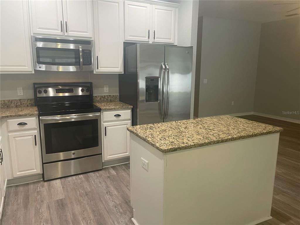 A kitchen features white cabinets, stainless steel appliances, granite countertops, and a center island — 30823 SATINLEAF RUN, BROOKSVILLE, FL